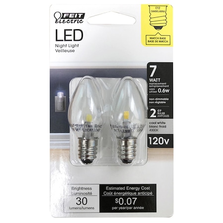 Feit Electric Feit C7 E12 (Candelabra) LED Bulb White 7 Watt Equivalence 2 pk BPC7/LED